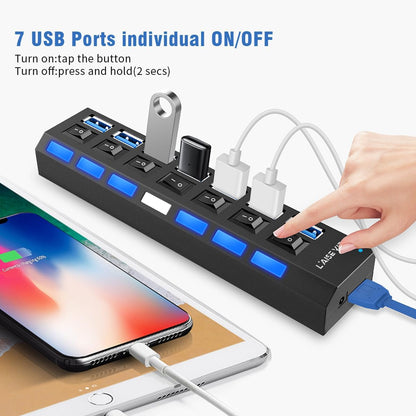 USB 3.0 Hub, 7 Ports USB Splitter USB A Port Data Hub with Independent On/Off Switch and LED Indicators, Lights for Laptop, PC, Computer, Mobile HDD, Flash Drive and More
