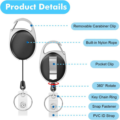Retractable Badge Holder with Carabiner Reel Clip and Key Ring for ID Card Key Keychain Holders Black 20 Pieces by moeverEX