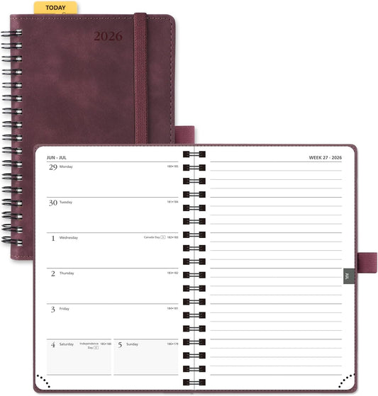 POPRUN 2026 Planner Weekly Notebook (Jan-Dec), Small Size 4''x 6.25'' - 2026 Pocket Calendar for Purse with Spiral Soft Cover, Plastic Ruler, Inner Pocket, 100 GSM - Claret