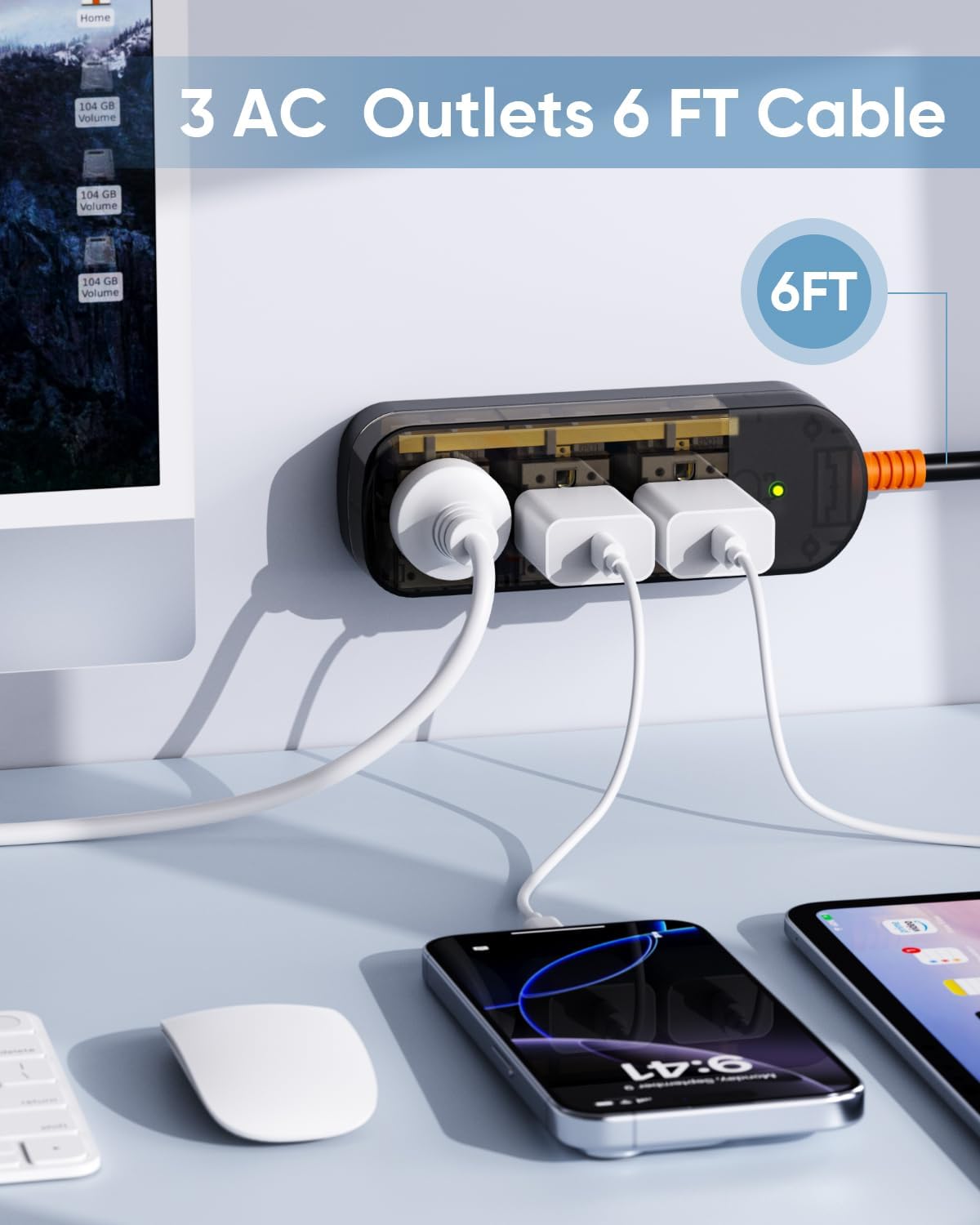 IPX6 Outdoor Power Strip Weatherproof, Surge Protector with 6FT Extension Cord 3 Outlets, Waterproof Power Strip 1875W Overload Protection for Kitchen Patio Christmas Lights, Clear Black