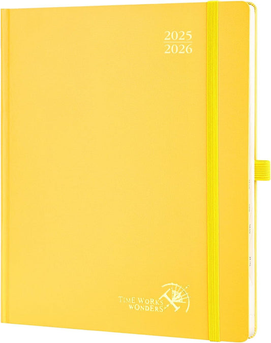 POPRUN Planner 2025-2026, (Large 8.5'' x 10.5'' Hard Cover) Academic Calendar (July 25-June 26) Daily Weekly and Monthly Appointment Book with Hourly Time Slots, Monthly Tabs, 100 GSM - Light Yellow