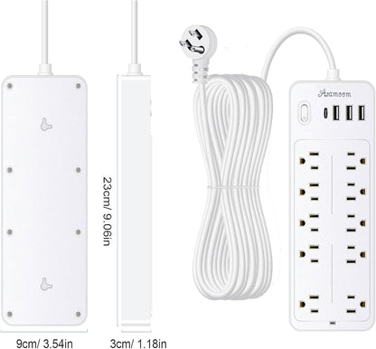 20FT Power Strips with Surge Protection 1625W/13A, 10 Outlets with 4 USB Ports (1 USB C) Long Extension Cord with Multiple Outlets 14-in-1 1700J 16Awg Flat Plug Power Strip Protector White ETL Listed