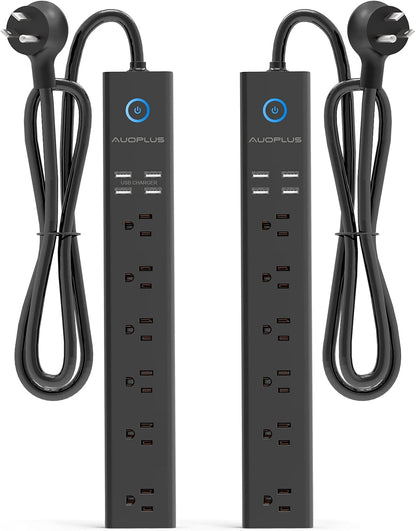 2 Pack Power Strip Surge Protector - AUOPLUS 6 Outlets 4 USB Ports 6Ft Long Extension Cords, Flat Plug Overload Protection, 2100 Joules, Wall Mount for Home, Office and Dorm Essential, ETL Listed