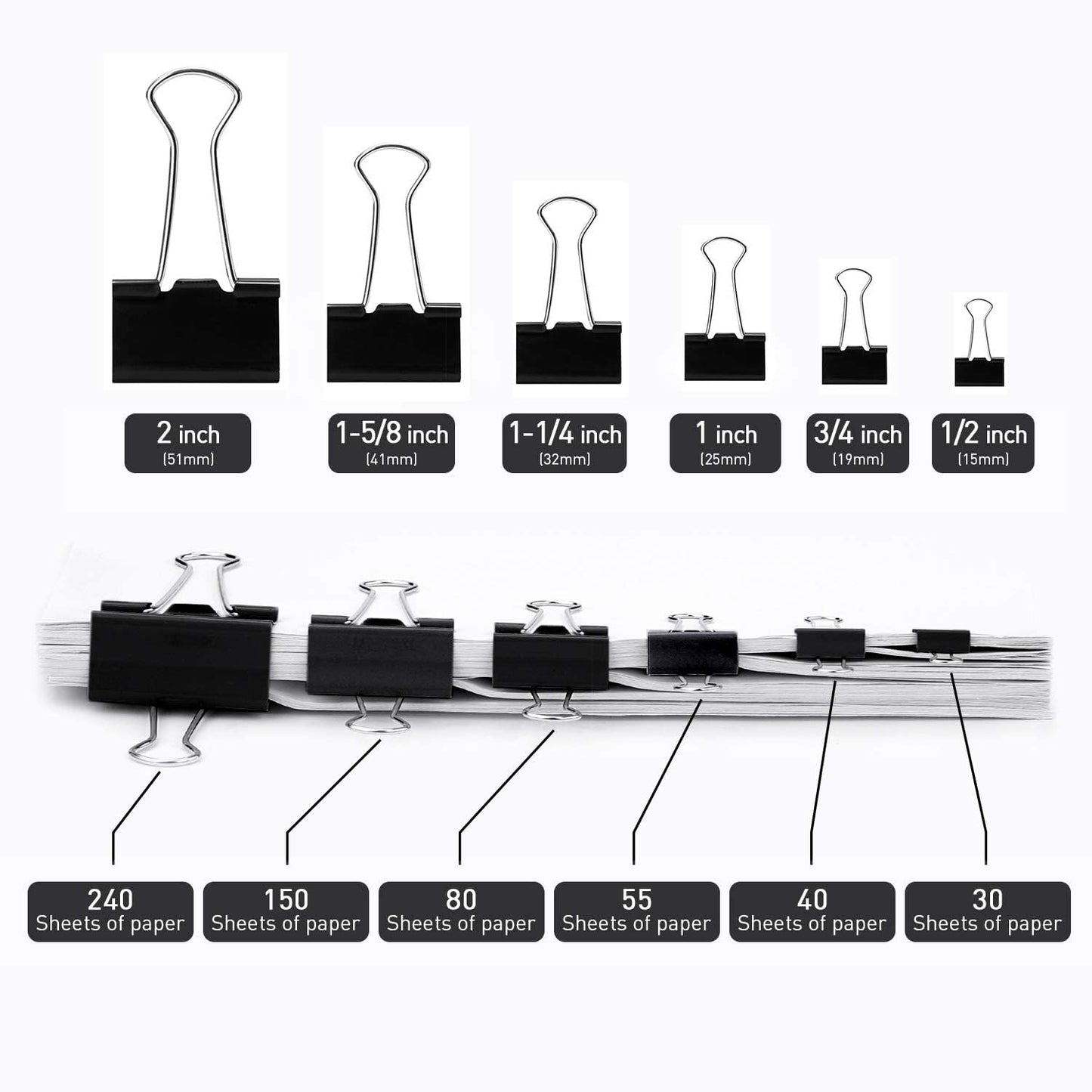 Medium Binder Clips, 48 Pack, 1-1/4 Inch, Black, Standard 32mm, Capacity 0.6 Inch, Metal Paper Clips, Office Clips, Fold Clamp, Office and School Supplies