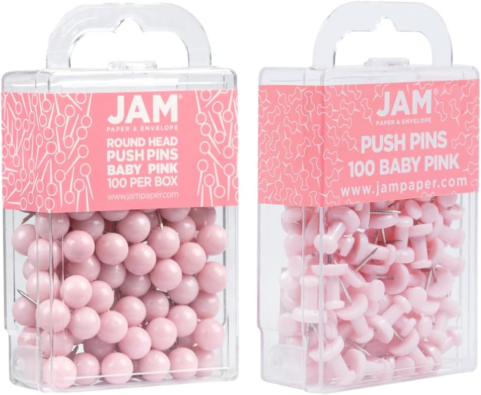 JAM PAPER Colorful Push Pins - Flat & Round Head Thumb Tack Combo Set - Baby Pink Pushpins - 200/Pack