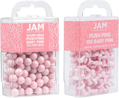 JAM PAPER Colorful Push Pins - Flat & Round Head Thumb Tack Combo Set - Baby Pink Pushpins - 200/Pack