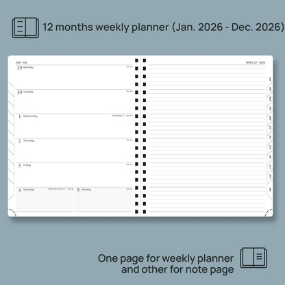 POPRUN 2026 Planner Weekly Notebook Calendar (Jan-Dec), Large Size 8.5'' x 10.5'' - Agenda 2026 Appointment Book with Monthly Tabs, Inner Pocket, Spiral Soft Cover, 100 GSM - Black