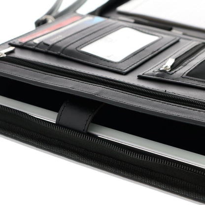 Customized Black Zippered Portfolio Binder with Junior Legal 5x8 Notepad - Engraved PU Leather Business Padfolio Organizer Folder with 8" Tablet Sleeve & Gift Box by Lautus Designs