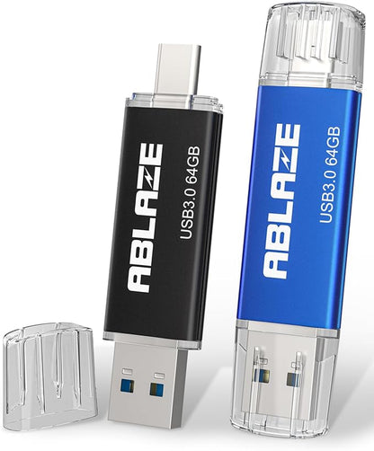 ABLAZE USB C Flash Drive 64GB 2 Pack, Dual USB 3.0+Type C Flash Drive Compatible with iPhone 16/15, Android Smartphone, Computer,Tablet Mac Laptop (2 Pack)