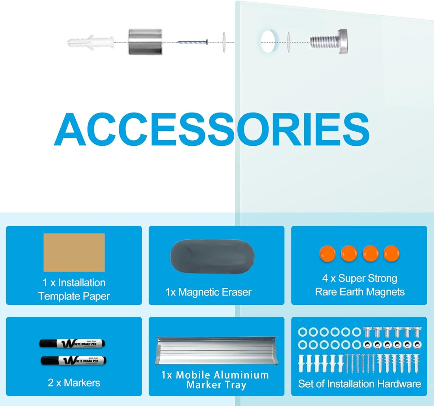 KIZZBY Glass Dry Erase Board - Magnetic Whiteboard, 72"X36" Frameless White Board Clear Glass Boards with Super Strong Magnets, Wall Mounted for Office, Classroom and Home