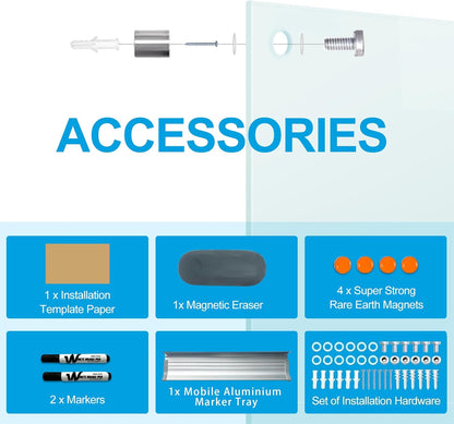 KIZZBY Glass Dry Erase Board - Magnetic Whiteboard, 60"X36" Frameless White Board Clear Glass Boards with Super Strong Magnets, Wall Mounted for Office, Classroom and Home