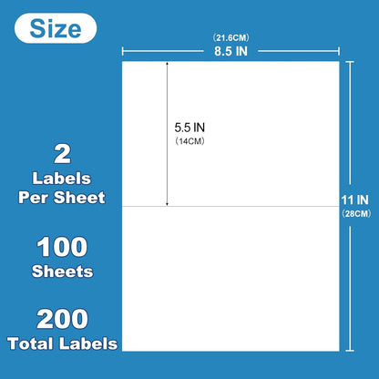 Half Sheet Self Adhesive Shipping Labels for Laser & Inkjet Printers 8.5" x 5.5", White Blank Mailing Labels Strong Adhesive Sticker Labels (100 Sheets,200 Labels) （HB-R002）