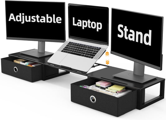 WESTREE Monitor Stand Riser with Adjustable Laptop Stand Riser, Steel Frame Dual Monitor Stand with Two Drawers for 2 Monitors, Desktop Oraganizer Stand for Computer,Laptop,Screen