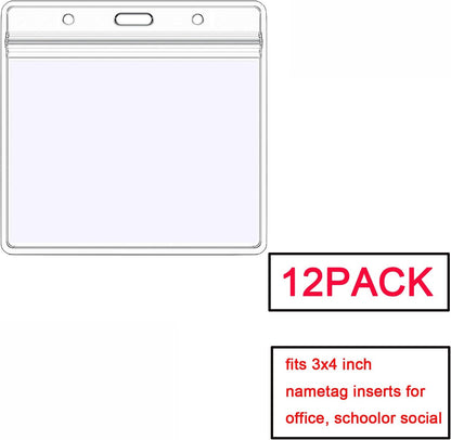 AMUU 12 Pack Horizontal Clear Badge Holder Card Holders 4 X 3 Large ID Card Holders Name Tag Fits 3x4 Inches