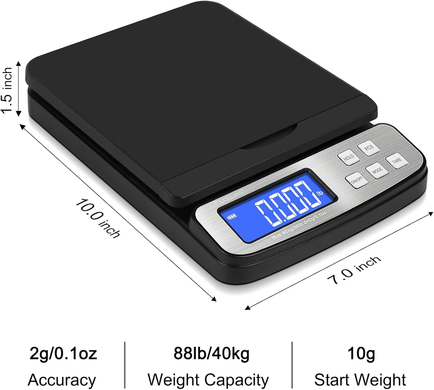 Fuzion Shipping Scale - Digital Postal Scale 88lb x 0.1oz, 5 Units, Hold/Tare/PCS Counting, Easy Calibration, Large LCD, All-in-1 Scale for Packages