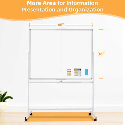 WALGLASS Rolling Dry Erase Whiteboard, 48"x36" Double-Sided White Board on Wheels, Large Portable White Board with Stand, Mobile Standing Whiteboards for Office, Home, School, Classroom 4x3 ft