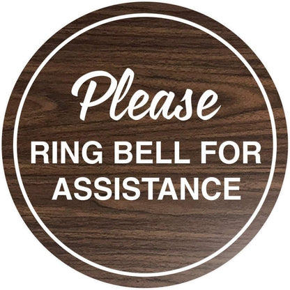 Signs ByLITA Circle Please Ring Bell For Assistance Wall or Door Sign | Easy Installation | Front Desk Reception Sign (Walnut) - Medium (10 Pack)