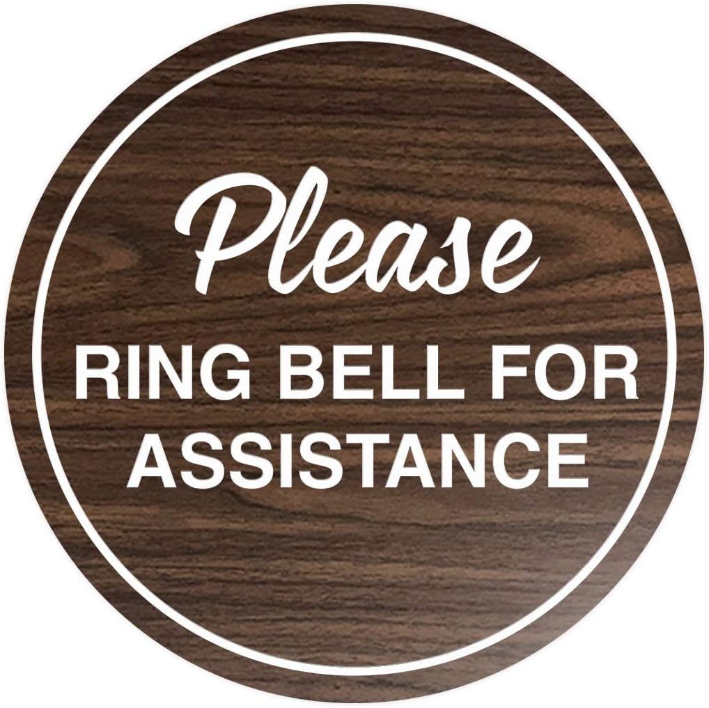 Signs ByLITA Circle Please Ring Bell For Assistance Wall or Door Sign | Easy Installation | Front Desk Reception Sign (Walnut) - X-large (2 Pack)