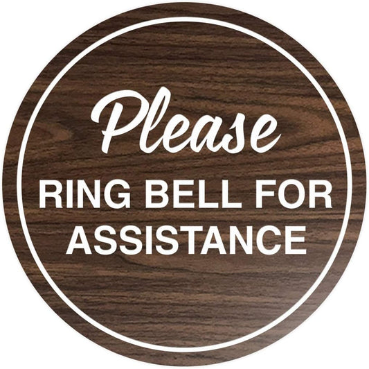 Signs ByLITA Circle Please Ring Bell For Assistance Wall or Door Sign | Easy Installation | Front Desk Reception Sign (Walnut) - Large (1 Pack)
