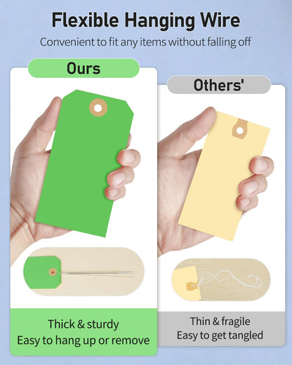 Uniclife 100 Pcs Green Blank Shipping Tags with Wire Attached 4.7 Inch Paper Tags Hang Tag with Reinforced Eyelet Large Marking Label Writable Price Tags Inventory Label Tag, 4.7" x 2.36"