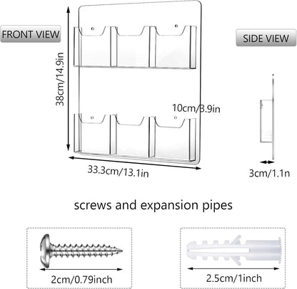Eersida Acrylic Brochure Pamphlet Holder Brochure Display Stand Business Tri Fold Multi Slot Holder Rack Wall Mount Clear Pocket Space Saver for Flyer Literature Menu Advertise(6 Pockets)