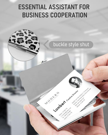 Business Card Metal Slim Organizer, Professional Stainless Steel Square Pocket Wallet for Office Workers, Compact and Portable for Pockets (Snow Leopard