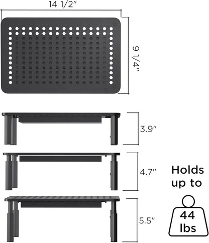 EVOOMI Back Saver Monitor Stand for Desk - 2 Pack Monitor Riser with Drawer - Gain 5 Weeks a Year, Less Pain & Peak Productivity with Anti Skid Mesh Metal Computer Stand for Laptop, Printer & iMac