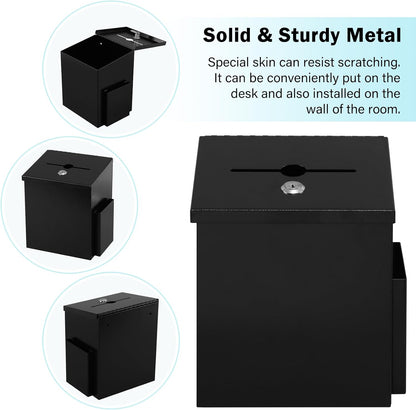 xydled Wall Mounted Ballot & Donation Box with 50 Suggestion Cards, Metal Suggestion Box with Key Lock, Collection Box, Black, 8.7"x 5.9"x7.1"