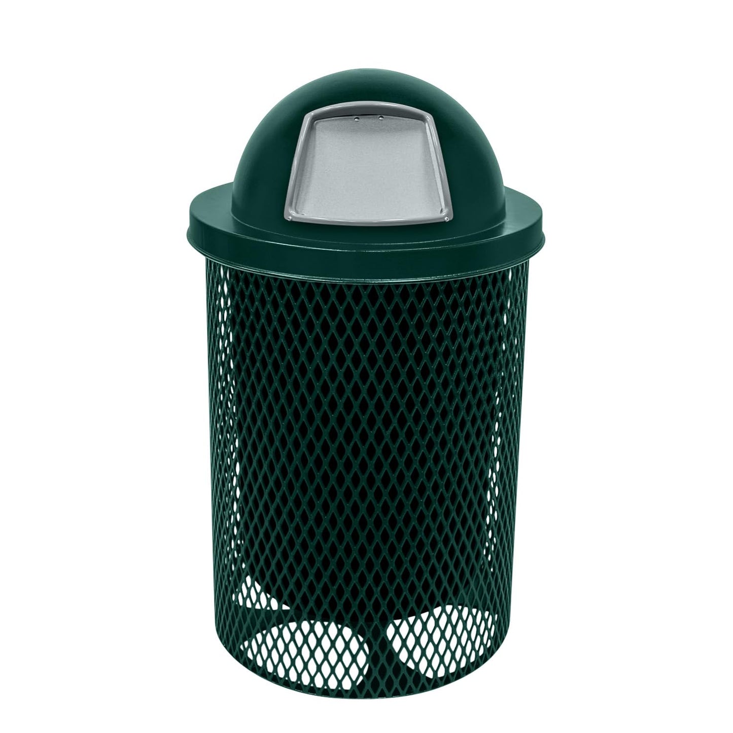 Coated Outdoor Furniture 32-Gallon Heavy-Duty Expanded Metal Round Trash Receptacle, Commercial Outdoor Waste Bin with Liner & Dome Lid – Made in America (Textured Dark Green)