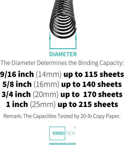 Binditek 100 Pack Plastic Spiral Binding Coils, Multi Size (14mm, 16mm, 20mm, 25mm) (9/16", 5/8", 13/16", 1"), 4:1 Pitch, Black, for Students and Coworkers