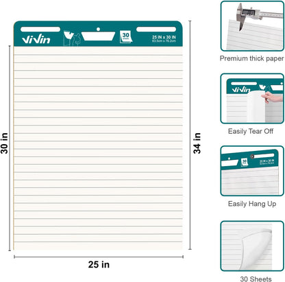 ViVin Lined Sticky Easel Pad, 25 x 30 Inches Flip Chart Paper for Teachers and Students, Large Self Stick Easel Paper, Teacher Anchor Chart, 30 Sheets/Pad, 2 Pads/Pack