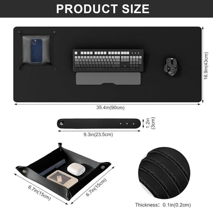 DAWNTREES Dual Sided Desk Mat,Leather Desk Pad,Black 35.5"x17",Cork Desk Mat Protector,with PU Leather Valet Tray Organizer,Large Mouse Pad,Desk Writing Pad for Office and Home