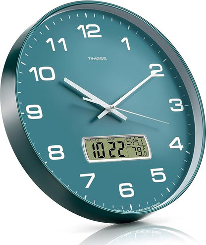 Wall Clock, 12" Dial Non-Ticking Silent Battery Operated Analog with LCD Display for Perpetual Calendar and F° Temperature, Ideal Modern Home, Bedroom, Kitchen, Office Decor (Green)