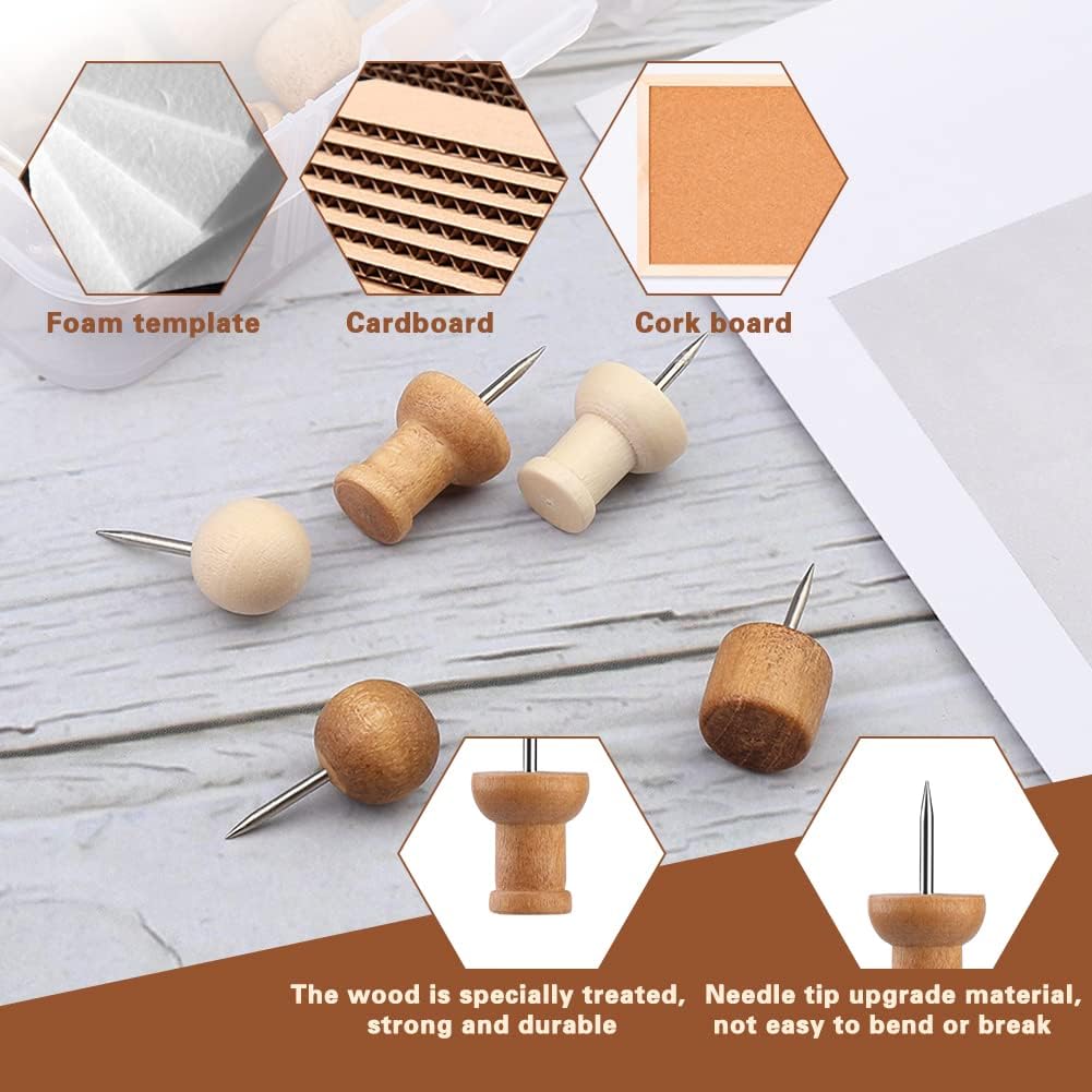 60 Pcs Wood Push Pins, 2 Colors and 5 Types Decorative Thumb Tacks Wooden Head Pin Map Tacks Marking Pin, Wood Thumb Tacks Decorative for Bulletin Boards Craft Projects with Storage Box