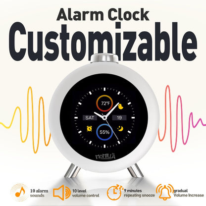 MOMILLA Alarm Clock for Heavy Sleepers, Colorful Screen Temperature, Loud 7-Day Programmable 4 Alarms, Small Clocks Bedrooms for Kids Adults Boys Girls, Easy to Set, Digital White Noise, Hourly Chime