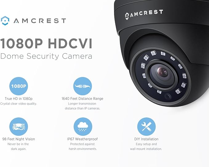 Amcrest Analog Outdoor Security Camera, Dome 2MP 1080P @ 30fps, Quadbrid HD-CVI/TVI/AHD, 98ft Night Vision, IP67 Metal, 129° FOV, Black (Not an IP Camera) (DVR Required, Not Included) (AMC1080DM28-B)
