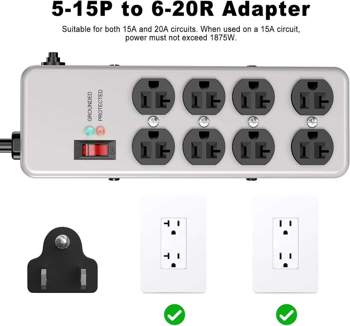 HEZI 20A Power Strip Surge Protector Durable Metal 8-Outlet with Heavy Duty 20 Amp Extension Cord,12 Gauge for Garage,Workshop & Industrial Use with 6-20R T-Slot Outlets,4800J(Grey,10FT)