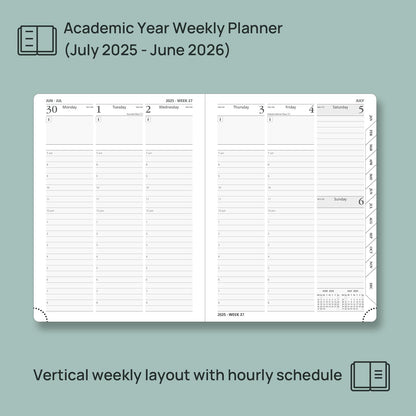 POPRUN Planner 2025-2026, (Medium 6.5'' x 8.5'' Hard Cover) Academic Calendar (July 25-June 26) Daily Weekly and Monthly Appointment Book with Hourly Time Slots, Monthly Tabs, 100 GSM - Orange