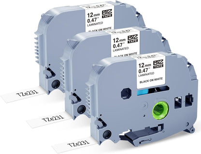 3PK 12mm 0.47 Laminated White Tape TZE-231 Replacement for Brother P Touch Label Tape TZe-231 12 mm .47 Label Maker Refills Work for Brother Ptouch PTH110 PTH103w PTD210 PTD220 PT1280