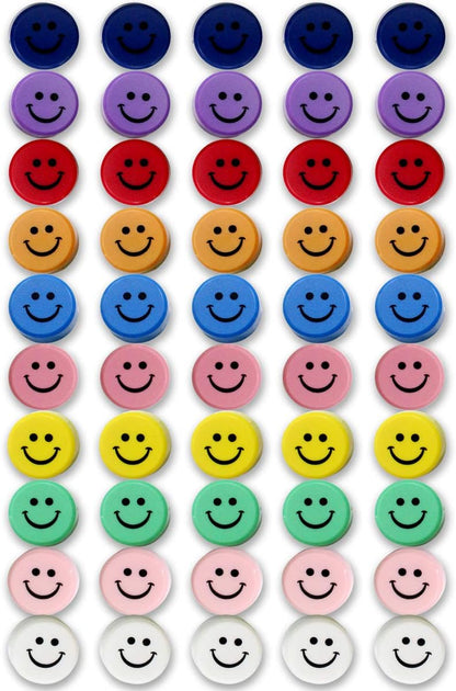 Qualsen Fridge Magnets, 50pcs Smiley Face Magnets, Small Magnet for Whiteboard, Mini Cute Magnet for Fridge, Locker, White Board, Kitchen, Office, Classroom (10 Colors Smile)
