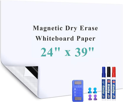 Magnetic Dry Erase Whiteboard Sticker, 24" x 39" Stick on Whiteboard for Wall, Dry Erase Board Peel and Stick for Kids, Office, Home, with Marker, Eraser and Magnets (Adhesive Backing)