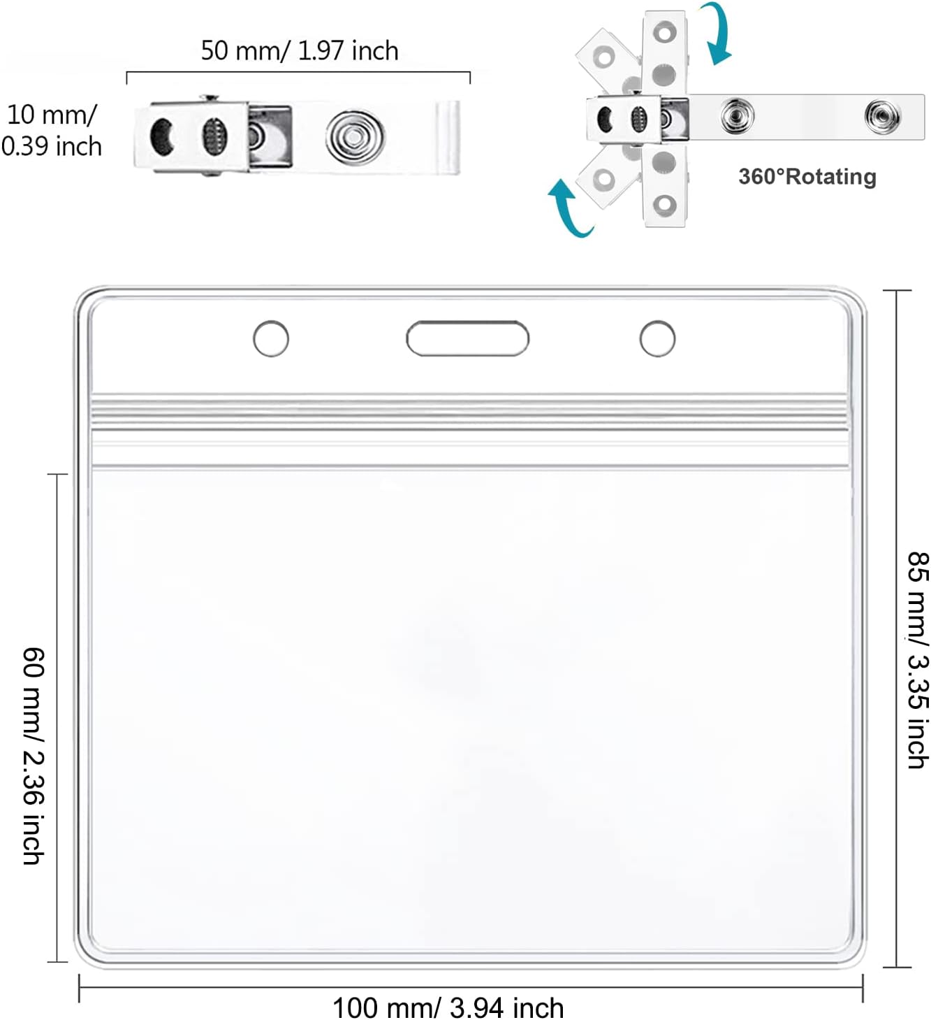 Koorito 50 Pack Name Badge Holders with Clear PVC Horizontal Badge Holder, Metal Badge Clip, Waterproof Resealable Zipper Seal Name Holder Tags