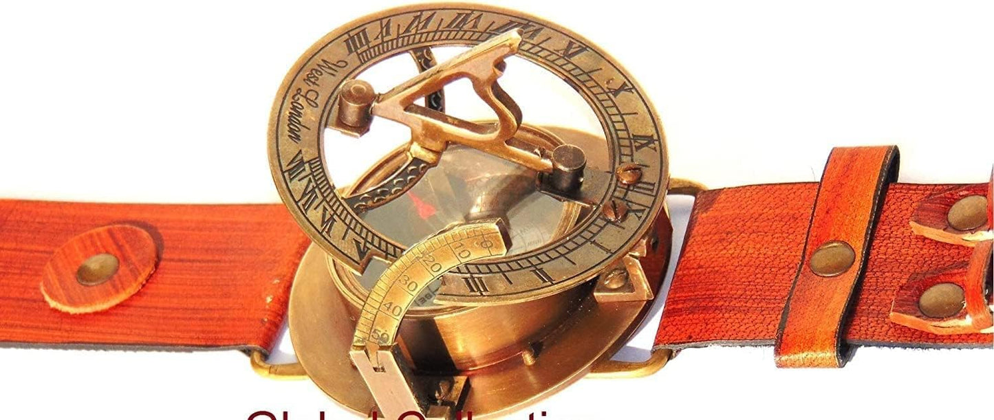 Brass Nautical Vintage Directional Magnetic 3" Sundial Clock, Wrist Marine Compass Navigation Steampunk Baptism Gifts Leather Wrist Watch for Loved Ones