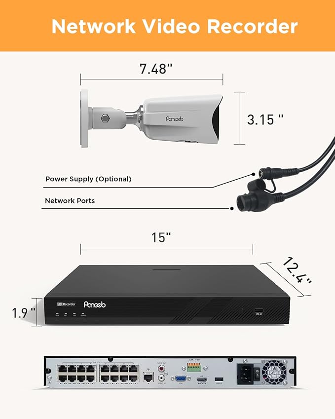 16 Channel Security Camera System 4TB HDD, H.265 12PCS 5MP PoE Commercial IP Bullet Camera, Smart Color Night Vision, 2 Way Audio Talking, AI Human Detection, Remote Access, PB65A1216-5MD