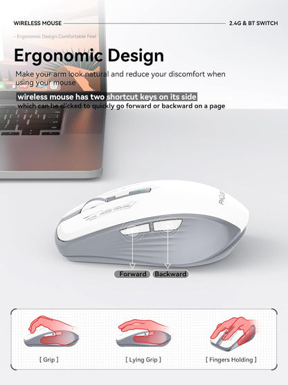 Wireless Mouse (Bluetooth & 2.4GHz USB) with Forward/Backward Side Keys, Silent Click, Ergonomic Portable AA Battery Mice for Laptop/Mac/iPad - Office & Travel Use, White & Grey