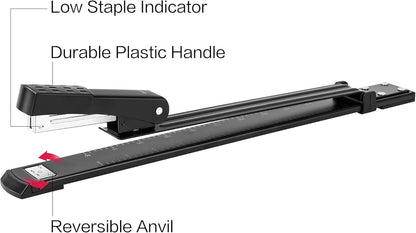 Deli Long Reach Stapler with 1000 Staples, 20 Sheet Capacity, Long Arm Standard Staplers for Booklet or Book Binding, Black
