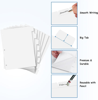 Binder Dividers for 3 Ring Binder, 1/8 Cut Tabs, Letter Size, Blank Write On Page Dividers with 8 Big Tabs for School Office Home, 4 Sets, 32 Dividers, White