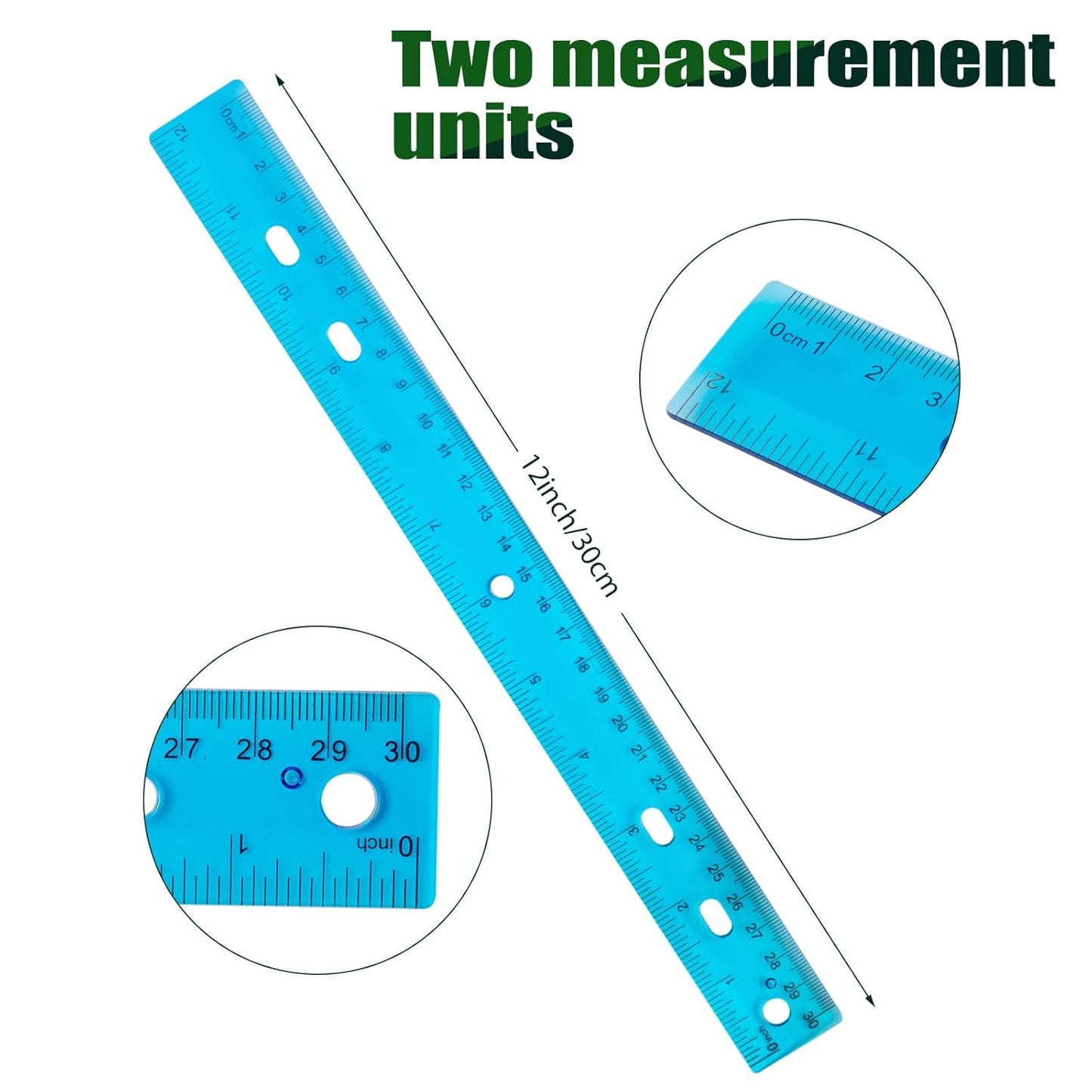 28 Pack Plastic Ruler 12 Inch Transparent Rulers - Metric Bulk for Kids School Office Classroom, Blue