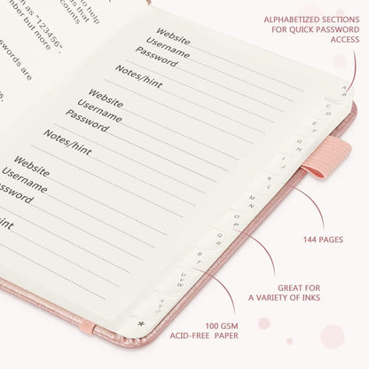 JUBTIC Password Book with Alphabetical Tabs, Small Size Internet Address & Password Keeper Logbook, Password Notebook Journal for Computer & Website Logins, Rose Gold