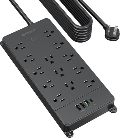 TROND Surge Protector Power Strip 15 ft, Flat Plug Extension Cord with 32W USB C & QC 3.0 Charger, 4000 Joules, ETL Listed, 13 Wide Spaced Outlets, Heavy Duty, Wall Mount for Home Office, Black
